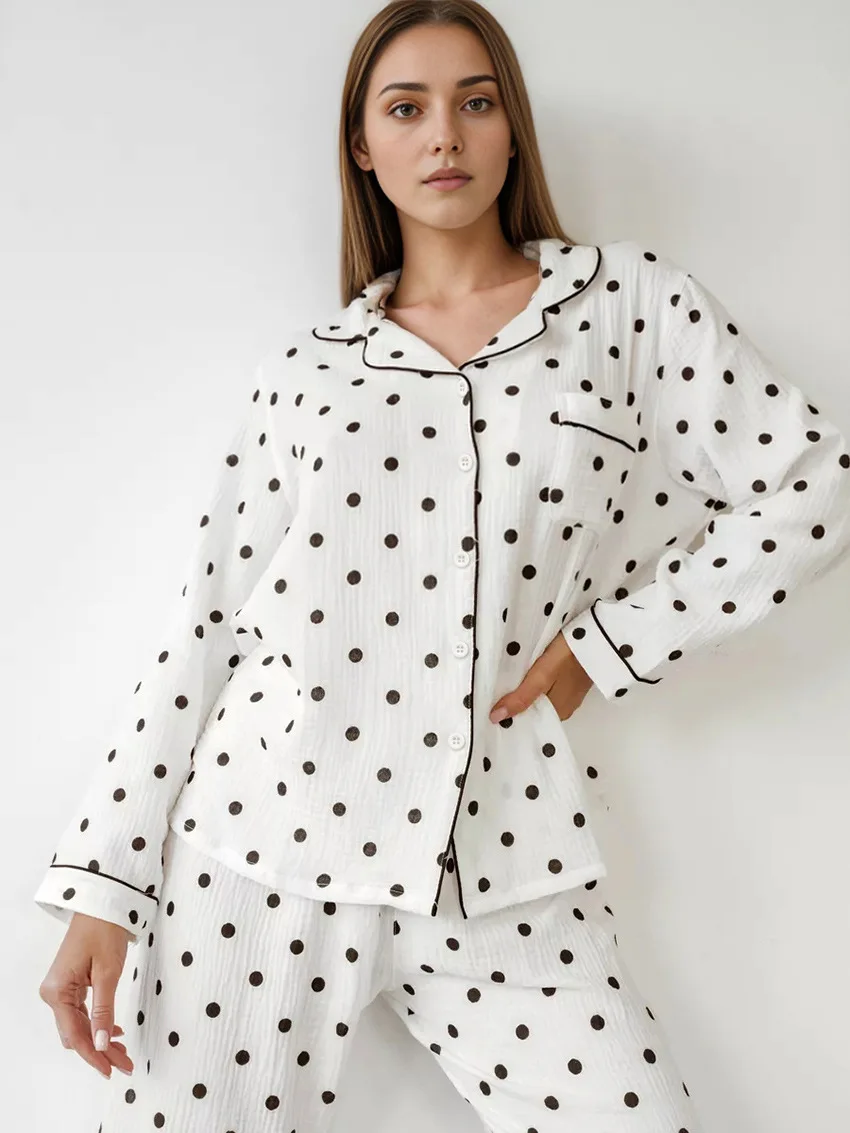 Marthaqiqi Polka Dots Ladies Pajamas Suit Sexy Turn-Down Collar Sleepwear Long Sleeve Nightwear Pants Female Nightie 2 Piece Set