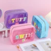 Cute Girls Women Large Capacity Waterproof Preppy Chenille Letter Clear PVC SWIM BEACH STUFF Makeup Bag Cosmetic Zipper Pouch 1