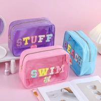 Cute Girls Women Large Capacity Waterproof Preppy Chenille Letter Clear PVC SWIM BEACH STUFF Makeup Bag Cosmetic Zipper Pouch 1