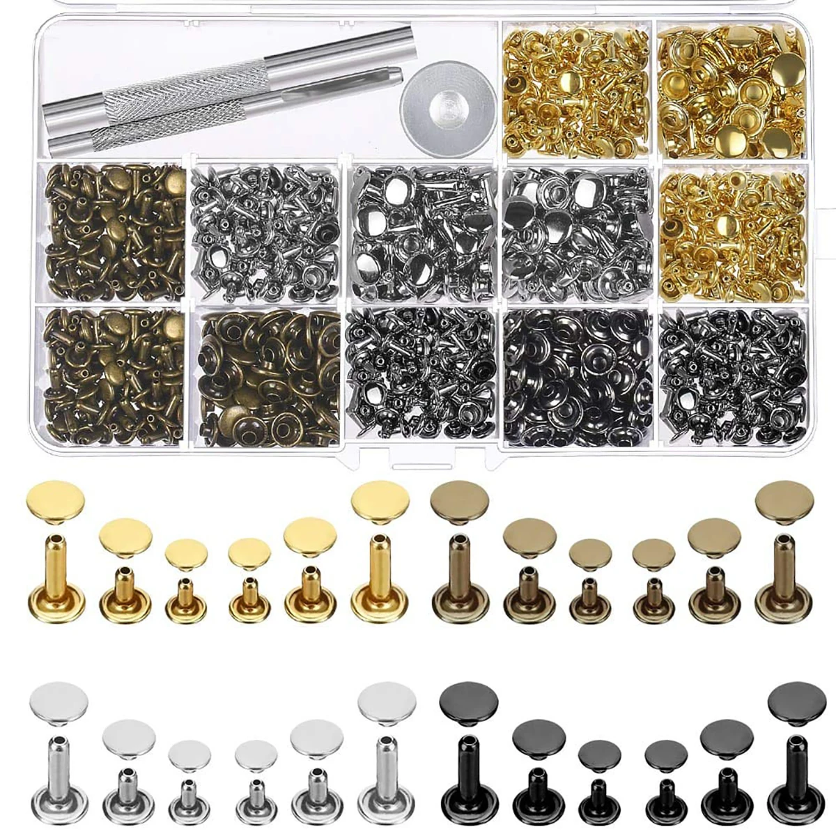 Leather Rivets Leather Rivets 3 Sizes Double Cap Rivet Tubular Metal Studs Kit for Leather Craft Repairs Tool Decoration