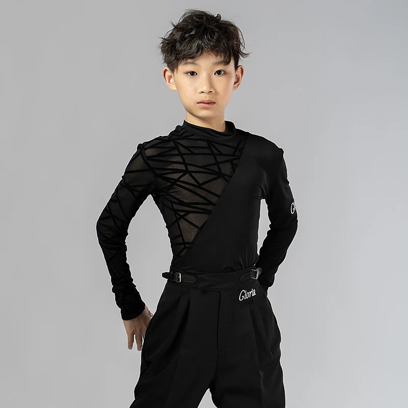 Kids Boy Latin Dance Costumes Children Long Sleeve High-Neck Tops Ballroom Cha Cha Dance Training Clothes Black Shirt XH1831 dance shirts