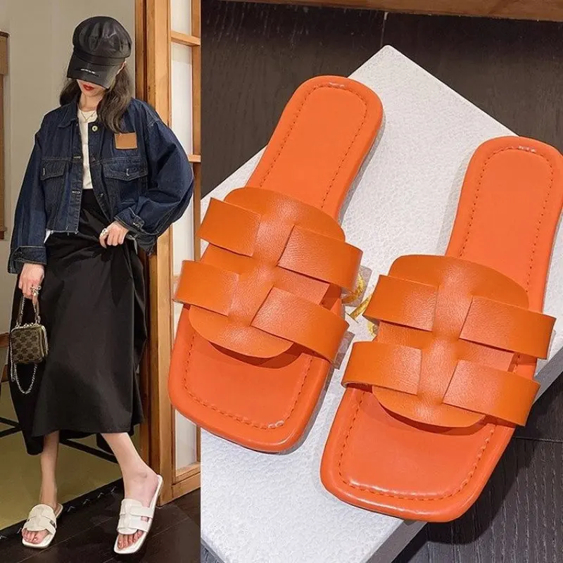 

Plus Size 35-42 Flat Women Slippers 2023 New Chain Square Toe Flat Shoes Women Sandalias Zapatos De Mujer Fashion Beach Slipper