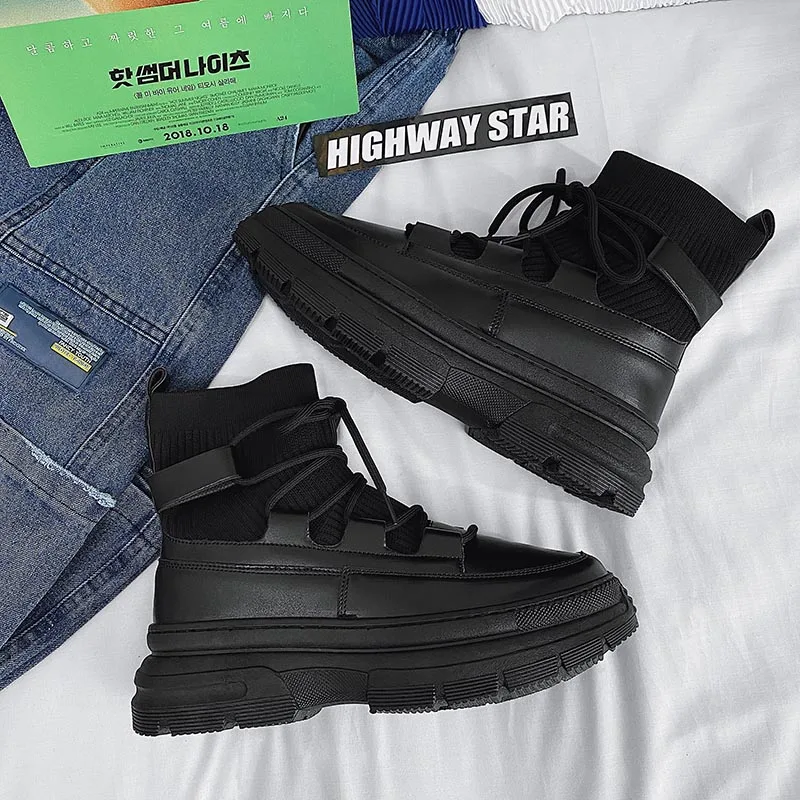 Men Ankle Boots Platform Boots Socks for Men Fur Chunky Punk Motorcycle Booties Gothic Shoes leather boots mens leather boots
