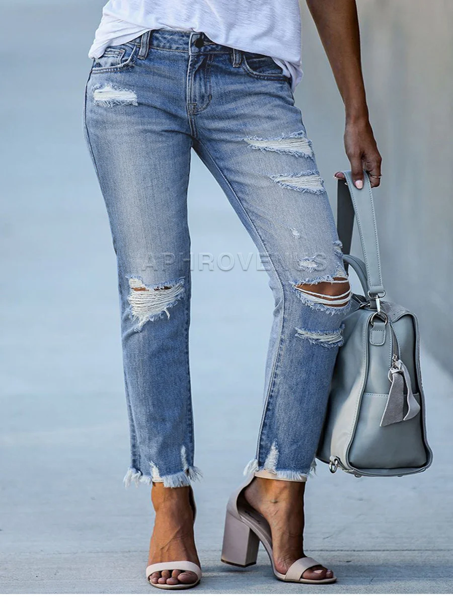 New 2023 Raw Edge Ripped Jeans Slimming  Skinny Pencil Pants Straight nLadies' Ankle-Length Demin  Pants diamond stitching side hollow high waist straight loose jeans 2023 fashion women summer new wide leg demin trousers streetwear