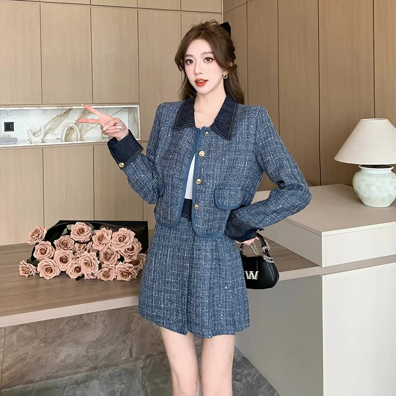 

UNXX Spring Autumn Small Fragrance Style Lapel Tweed Blazer Pleated Skirt Sets Vintage Sweet Lapel Blazer + Skirt Two-piece Set