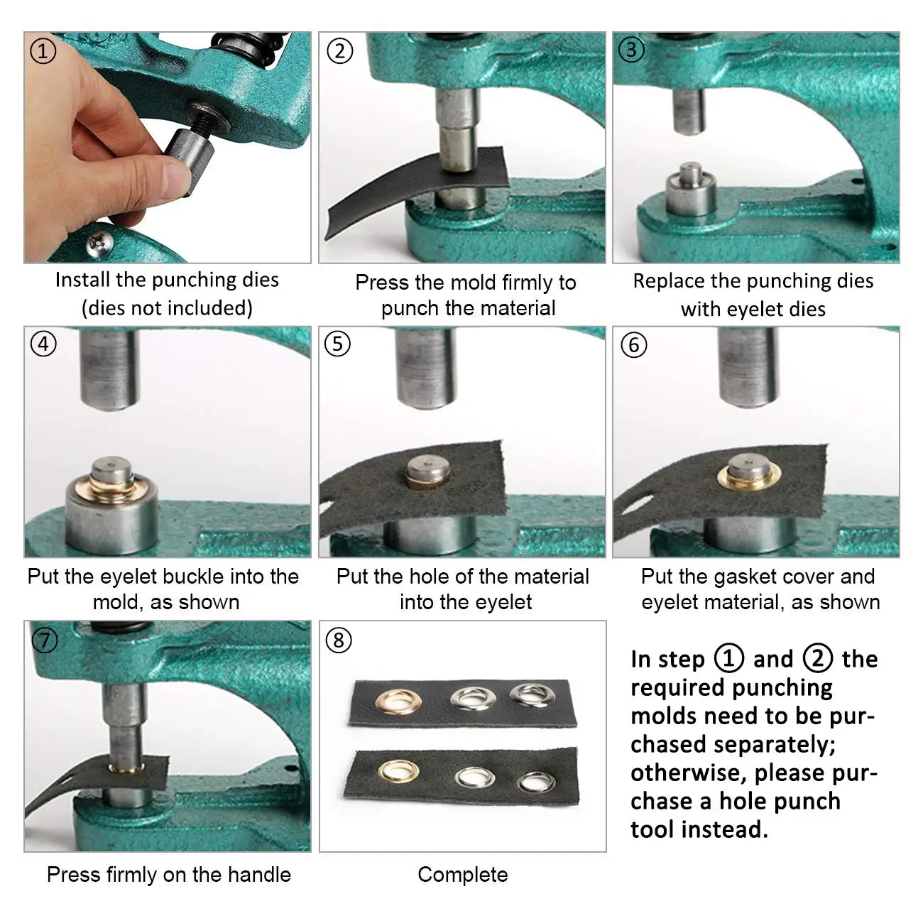 Grommet Eyelet Machine Hand Press Arts Crafts Sewing 3 Dies + 1500pcs Grommets 6/10/12mm DIY Manual Snap Eyelet Press Tools