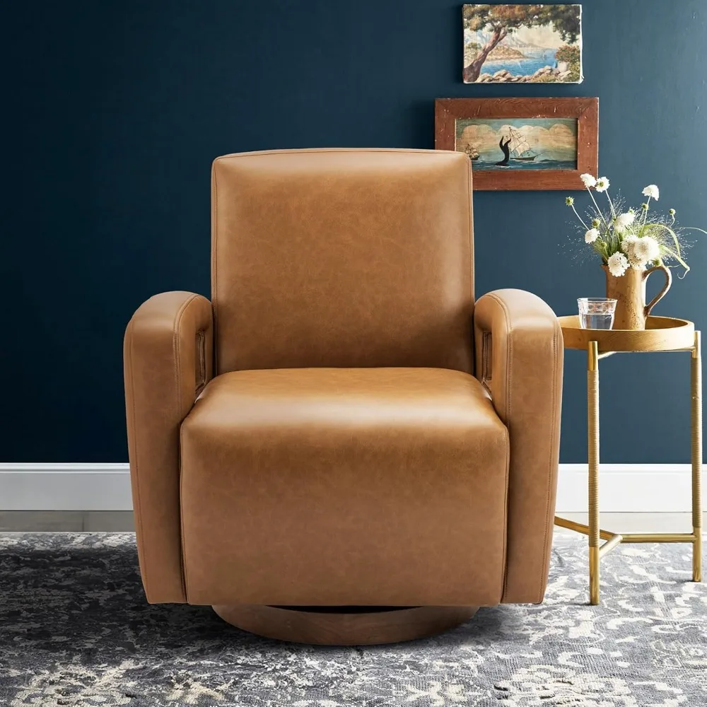 Swivel Accent Chair Set  , Faux Leather Swivel Chair with Solid Wooden Base, Living Room Swivel Armchair Single Sofa Chair 6