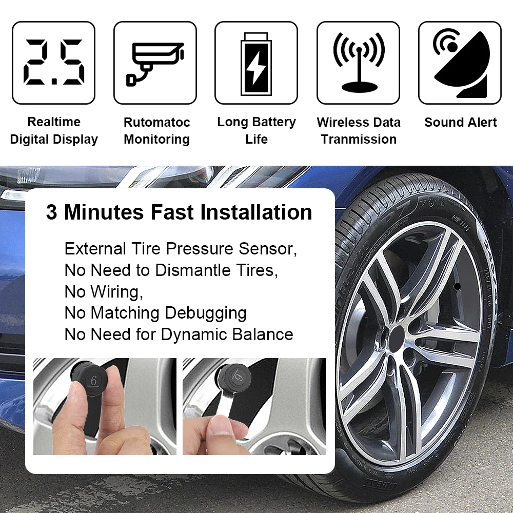 External Sensor Monitoring Tire Pressure Range 6Pcs/set LCD Color Screen Car Solar Power TPMS Tire Pressure Monitoring System