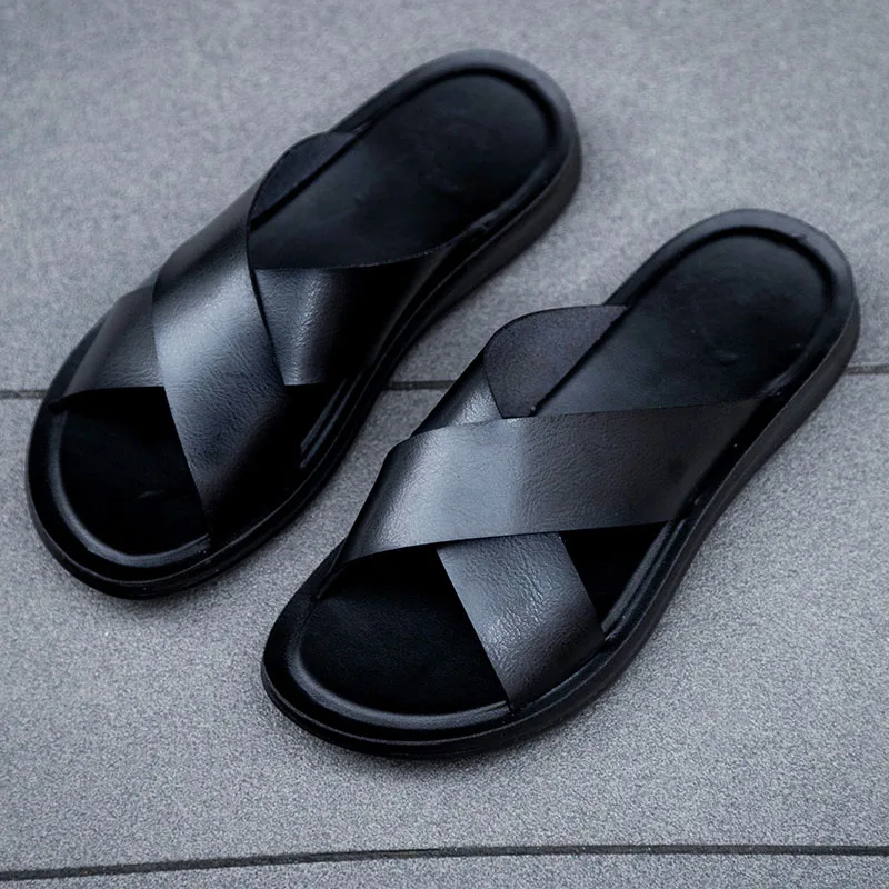 Italian Leather Slippers For Men New Hotel Beach Summer Shoes High Quality Big Size 47 Slip On Light Flats Male Flip Flops - AliExpress