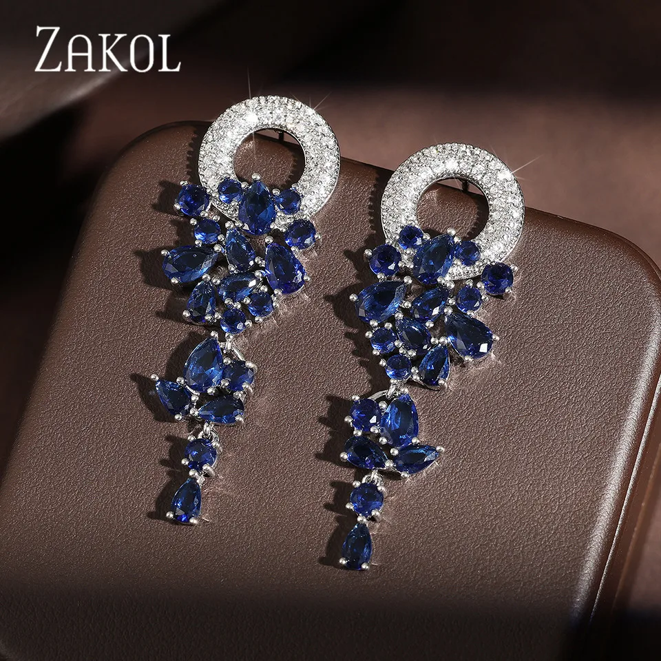 ZAKOL Elegant Blue Cubic Zirconia Long Tassel Drop Earrings for