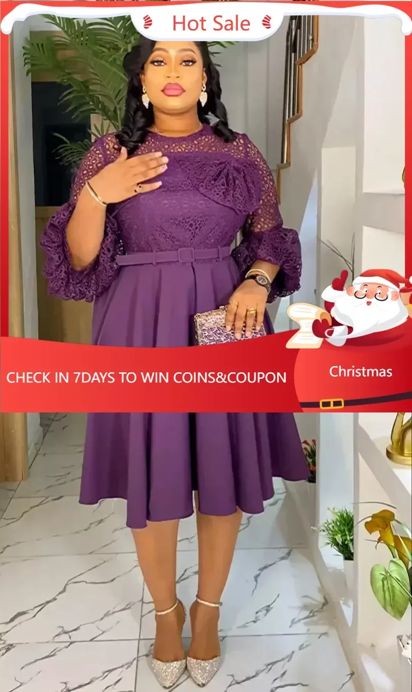 

African Wedding Party Dresses for Women Spring Elegant Africa 3/4 Sleeve Polyester Lace Evening Midi Dress Gowns Africa Clothing
