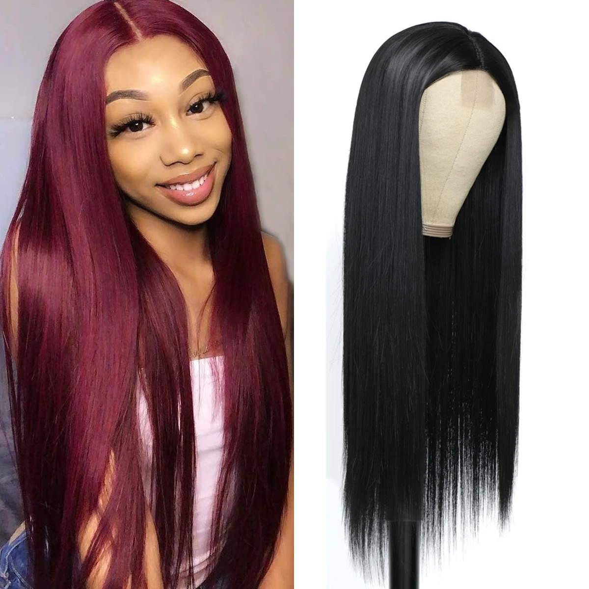 

Synthetic Straight Black Wigs for Women Lace Front Premium Wigs With Middle Part Natural Long Black Wig 26 Inches Wigs
