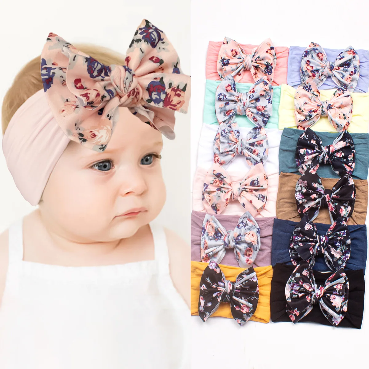 

New Children's Big Bow Nylon Hair Band Soft Elastic Hair Adornment Baby Headband Baby Printed Headband Newborn Baby Turban