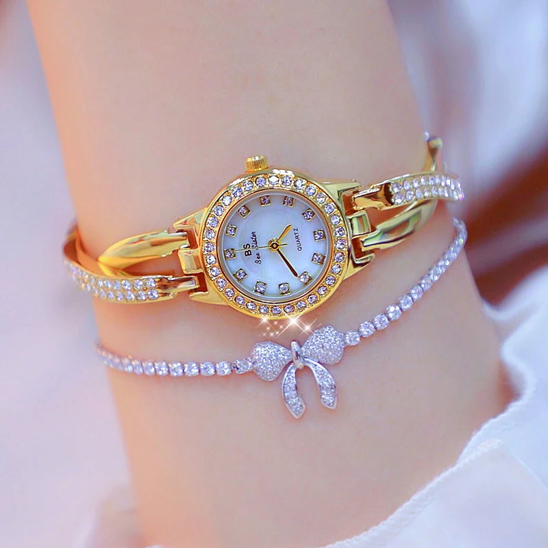 BS Brand Women's Watches Fashion Silver Luxury Rhinestone Watch Women Watches bracelet set Gold Creative Ladies Diamond Watch