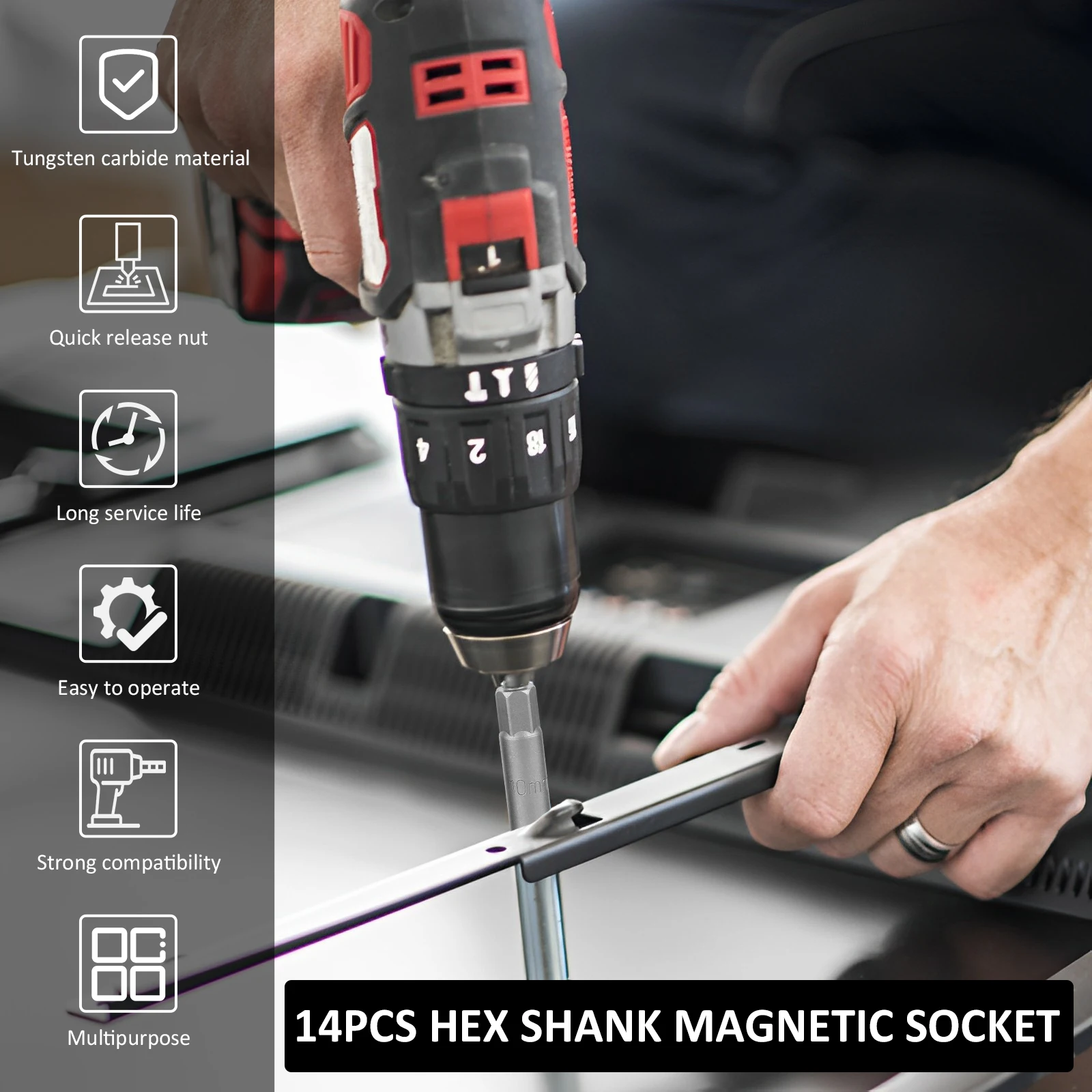 Description Picture 4 of item14Pcs  6-19mm Deep Socket Adapter Set Hex Shank Nut Driver Bits Set Nut Setter Drill Bit Set Magnetic Hexagonal Sockets Set