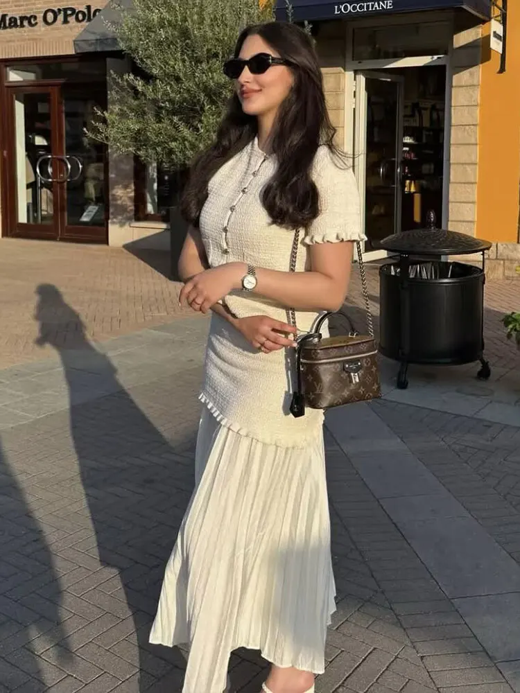 HH Women Elegant Solid Knitted Skirts Set O Neck Single Breasted Short Sleeve T-Shirt Tops Patchwork Skirt Office Lady Suits