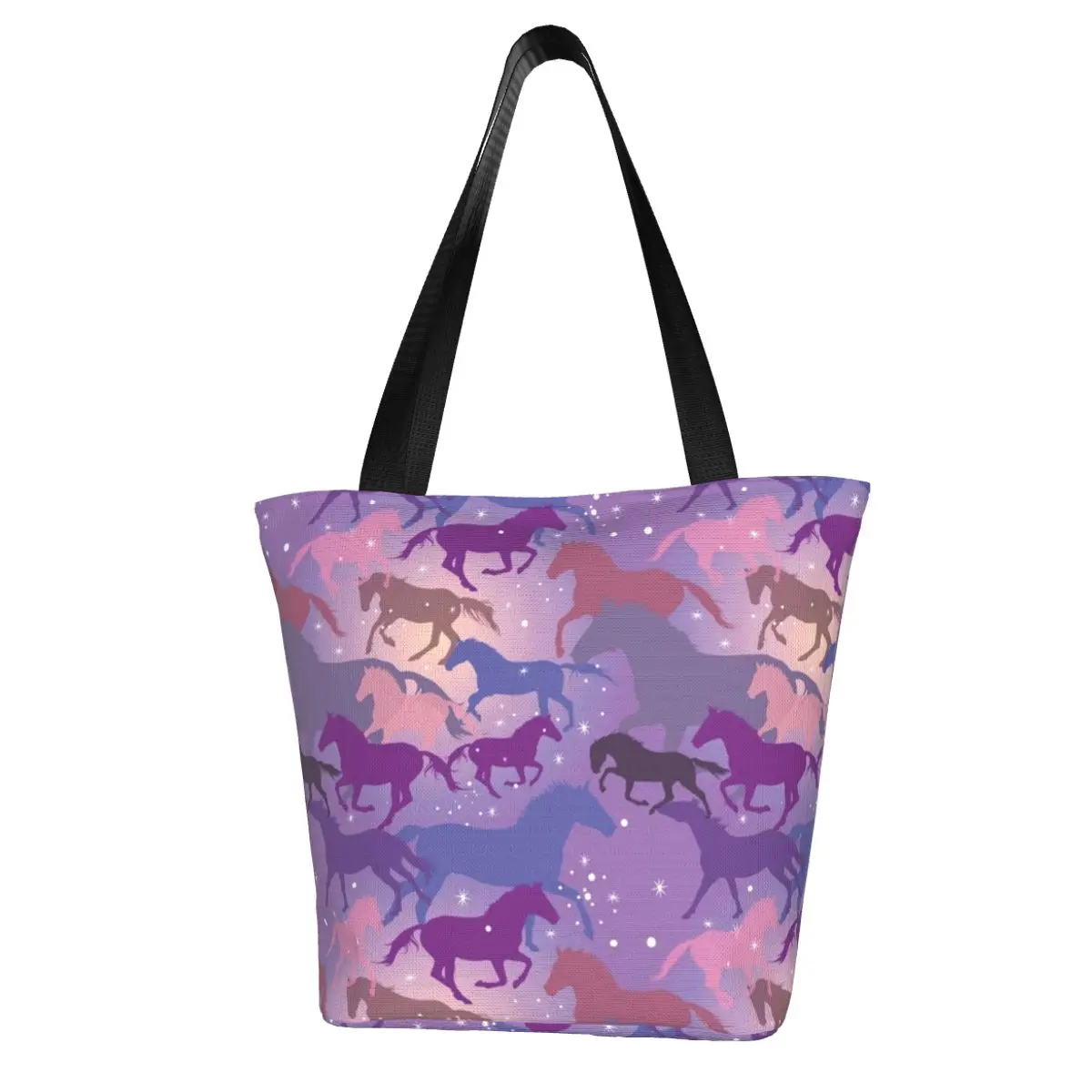 

Блестящая лошадка, хозяйственная сумка, дикие лошади, езда на фиолетовых узорах, многоразовая полиэфирная рабочая сумка, женские подарочные сумки