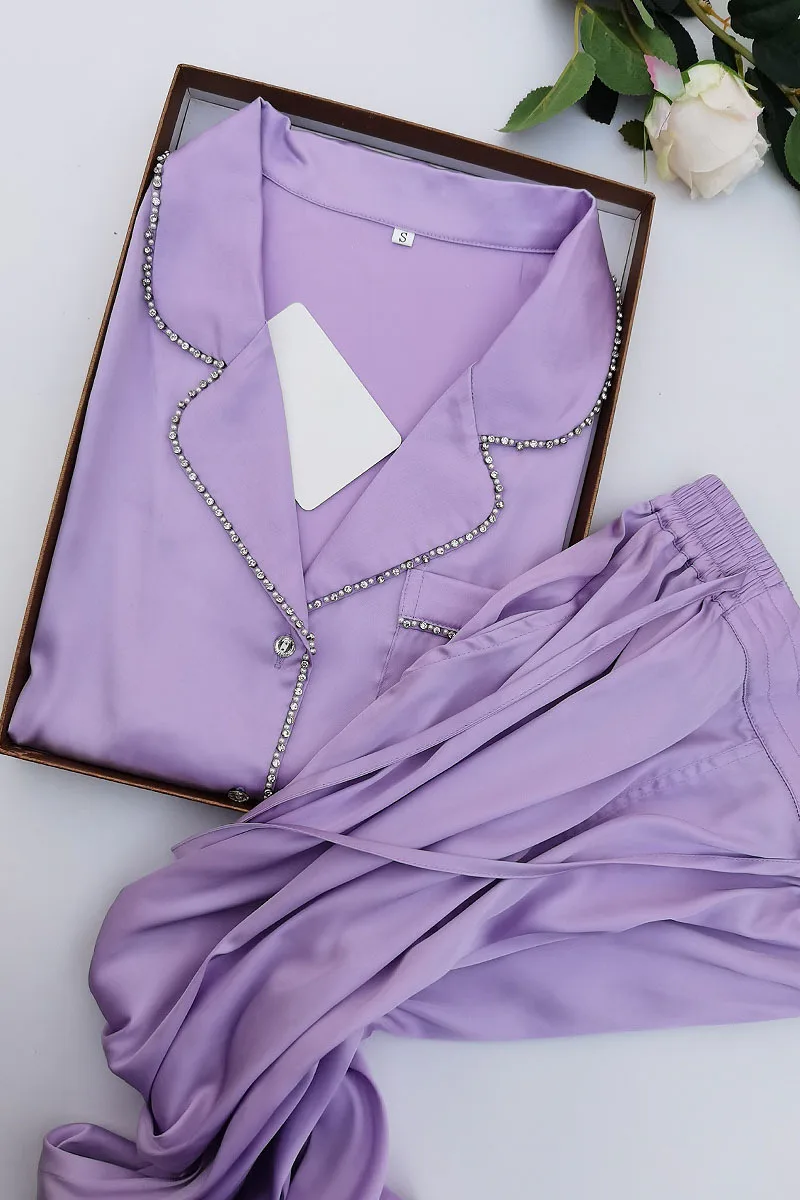 Women's Silk-encrusted Diamond-trimmed Long-sleeved Long Pants Pajama Set Wear Home Suit Silk Pajamas Sexy Pajamas