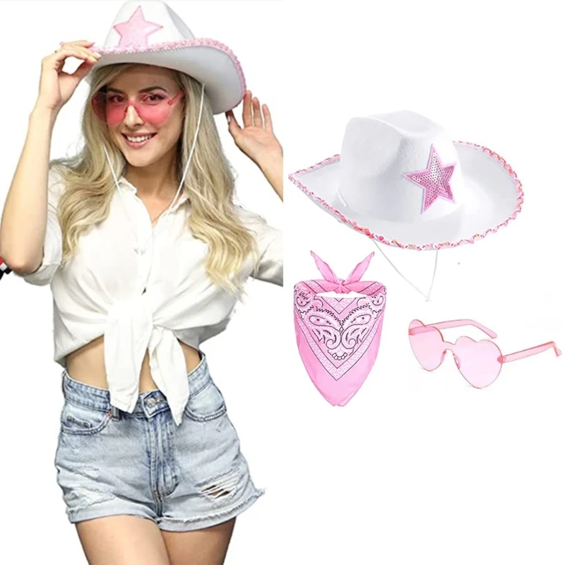 Flat Caps Brimmed Hat Western Sequin Cowgirl Hat Magician Adult Girl Cosplay Costume Kerchief Night Club Headwear
