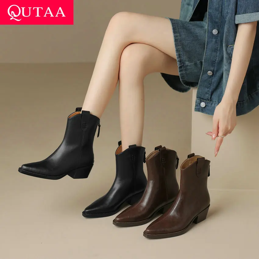

QUTAA 2024 Pointed Toe Women Ankle Boots Basic Thick High Heels Shoes Woman Genuine Leather Autumn Winter Office Lady Size 34-40