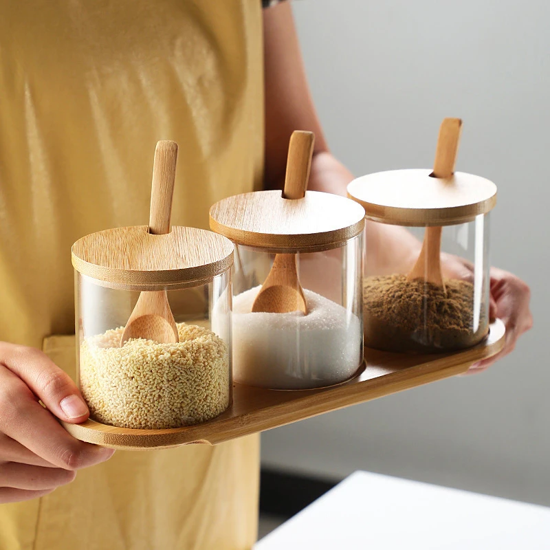 3pcs Seasoning Jar Set Salt and Pepper Organizer Glass Bottle with Spoon and Lid Spice Condiment Container with Storage Base