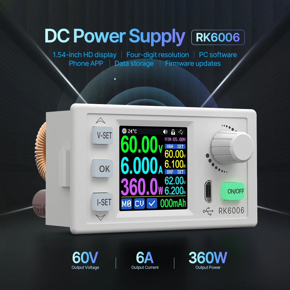 RK6006-BT CNC 직류 조정 전원 공급 장치, DC to DC 스텝 다운 전압 벤치, 4 자리 통신, 60V 6A