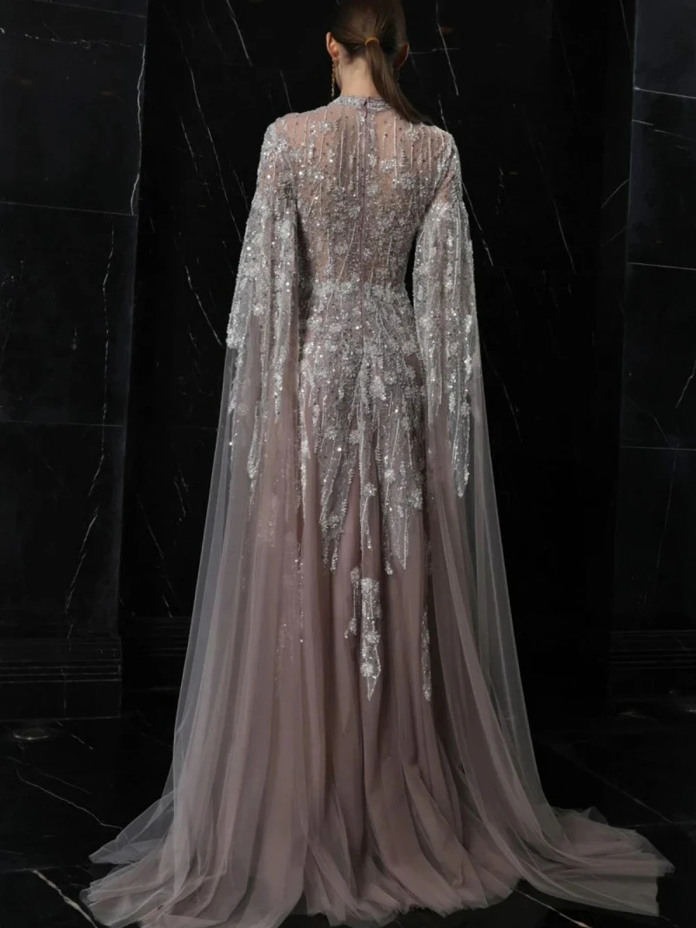Modest High Collar Cape Sleeve Evening Dress A-line Prom Gown Floor Length  | eBay