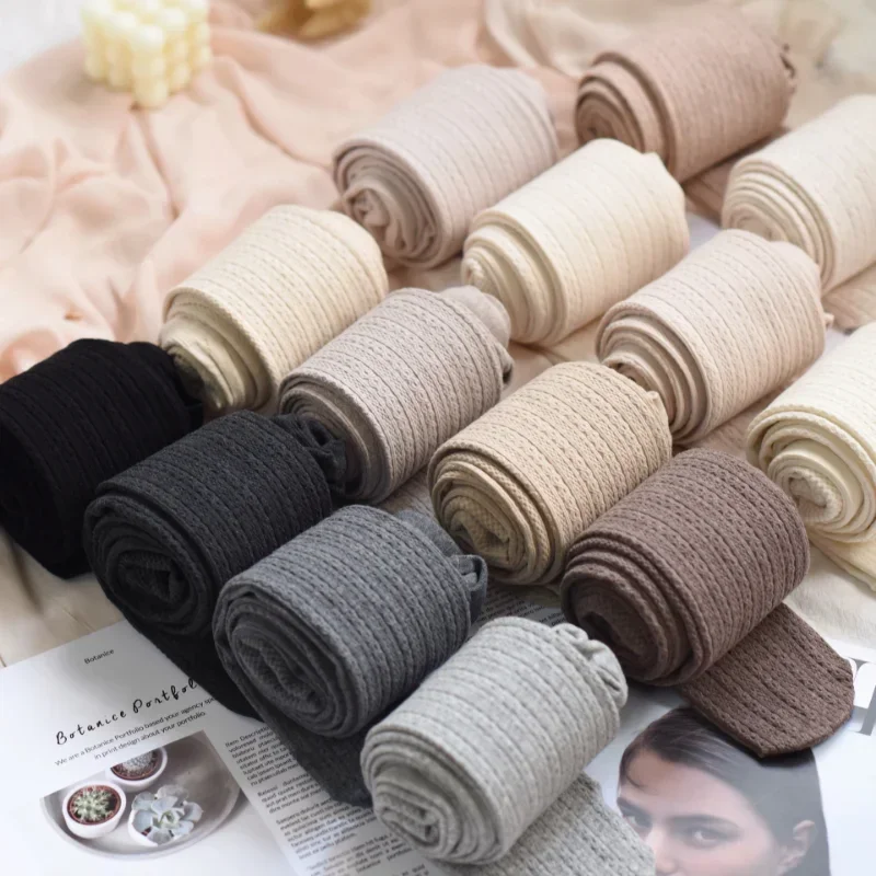 Women Autumn Winter Pantyhose Cotton Knitted Stocking Candy Color Chunky  Ribbed Knitted Leggings Warm Twist Striped Tights