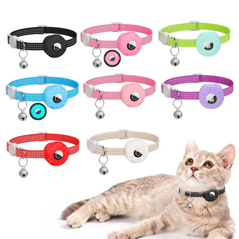 Airtag Case Collar with Silicone Protective Case for Cats Reflective Nylon Adjustable Collar For Cat Puppy Anti-lost With