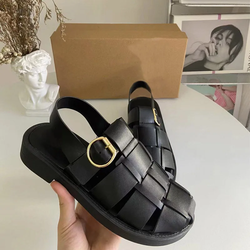 

New Roman Women's Shoes Flat Bottomed Woven Muller Shoes Retro Thick Soled Exposed Heel Buckle College Sandals for Women