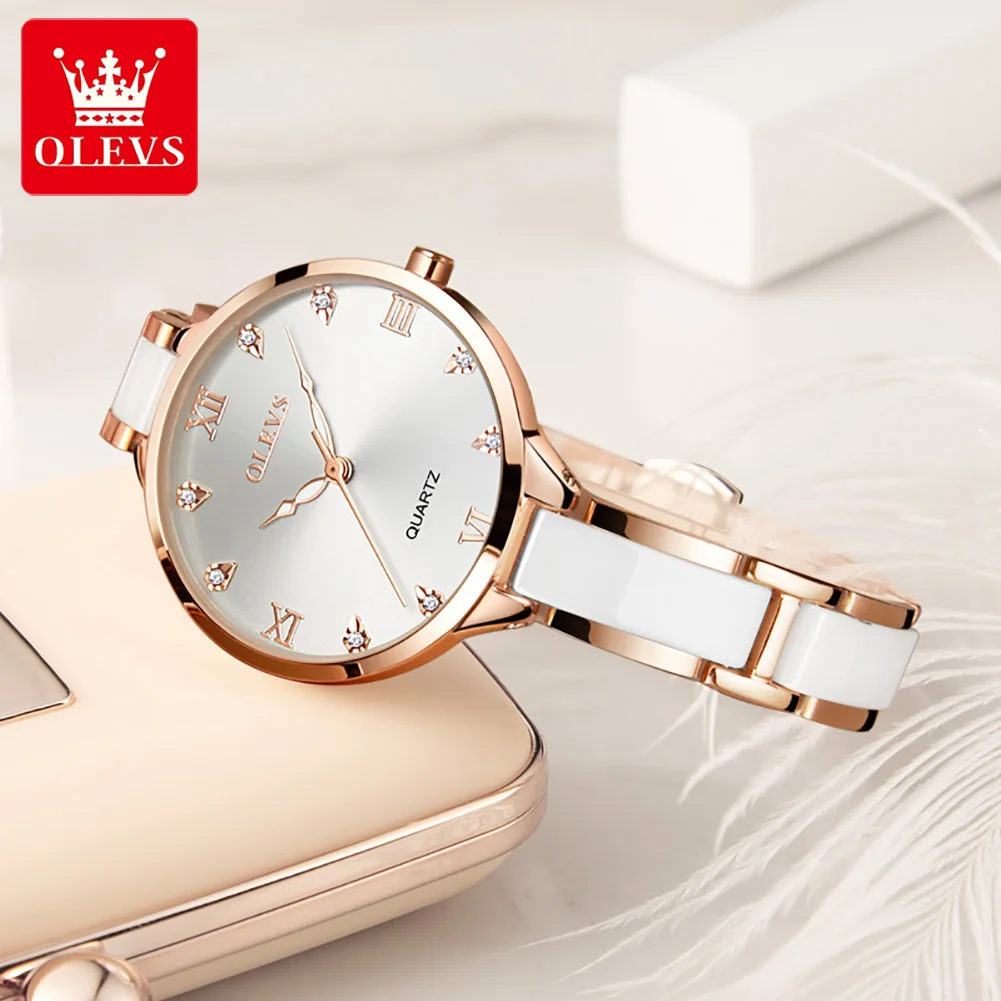 OLEVS 5872 Elegant Women Watches Luxury Stainless Steel White Ceramics Strap Waterproof Fashion Ladies Quartz Wristwatches Clock