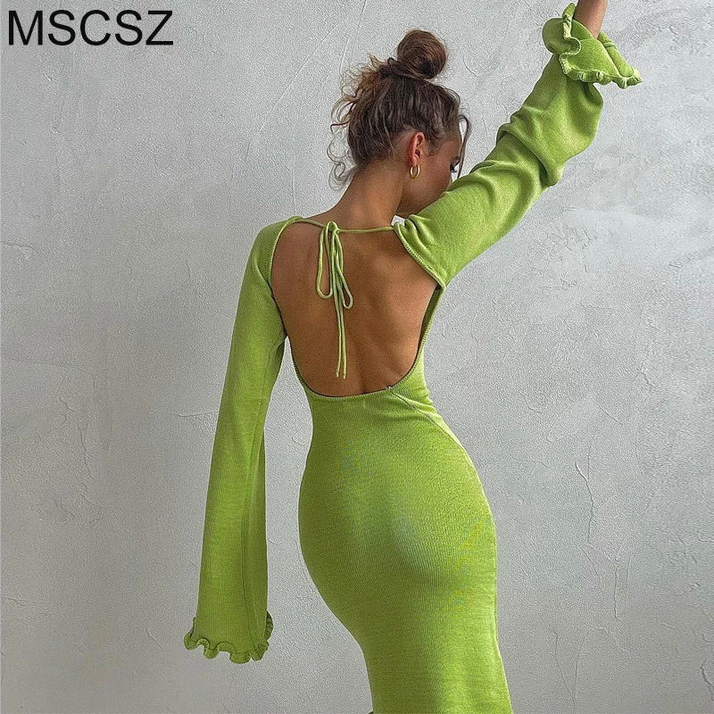 

Женское трикотажное мини-платье с открытой спиной, короткое пляжное платье-трапеция с оборками и длинным рукавом, лето 2024