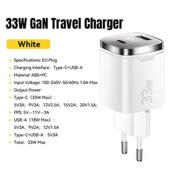 33W GaN USB Fast Charger with Digital Display - White EU Plug