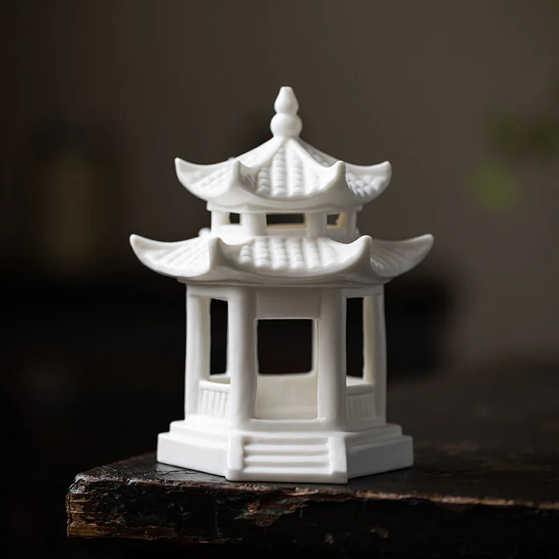 Micro Landscape Ceramic Pavilion, Hexagonal Pavilion Decoration, Fish Tank, Gardening Flower Pot, Desktop Creative Chinese Style