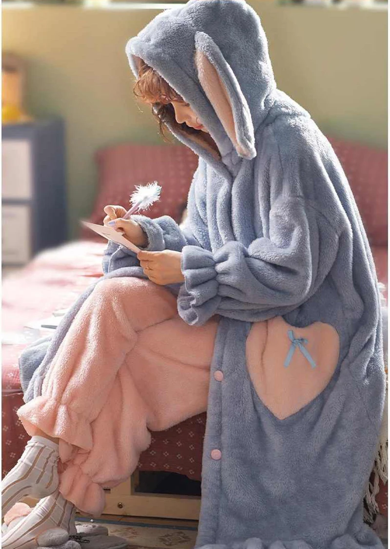 Sweet Cartoon Sleepwear Long Ears Rabbit Flannel Nightgowns Women Plush Robe Kawaii Hooded Nightdress Coral Fleece Pajamas Set