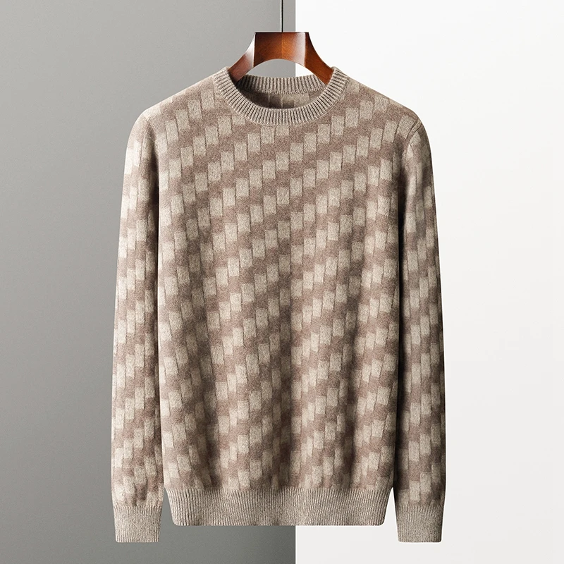 

Men's Sweater Autumn Winter 100%Goat Cashmere Thickened Pullover Casual Plaid Top Round Neck Contrast Knitted Bottom Long Sleeve
