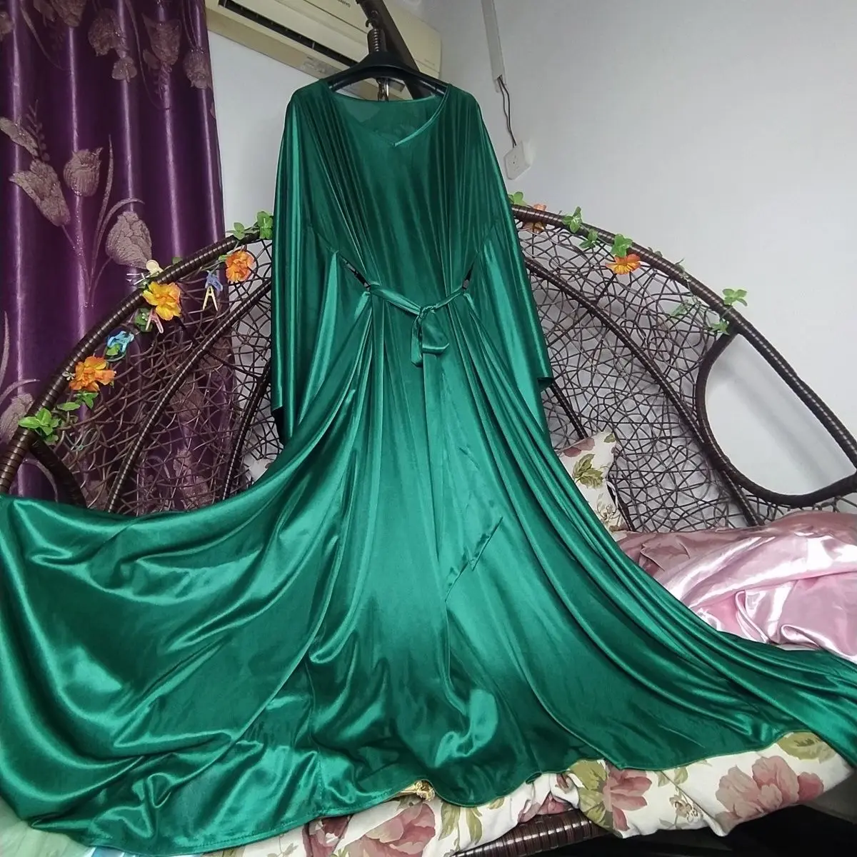 Glossy-Sexy-Women-Satin-Long-Dress-Batwing-Sleeve-Loose-Night-Dress ...