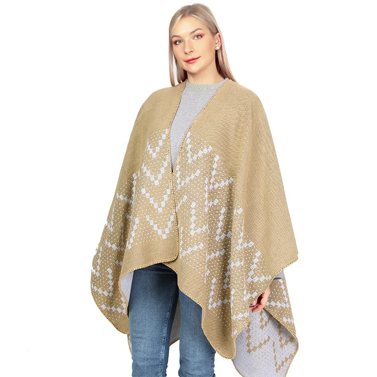 

Imitation Cashmere Knitted Shawl Women Cross-border Autumn Winter Cloak Warm Scarf Poncho Lady Capes Beige Cloaks