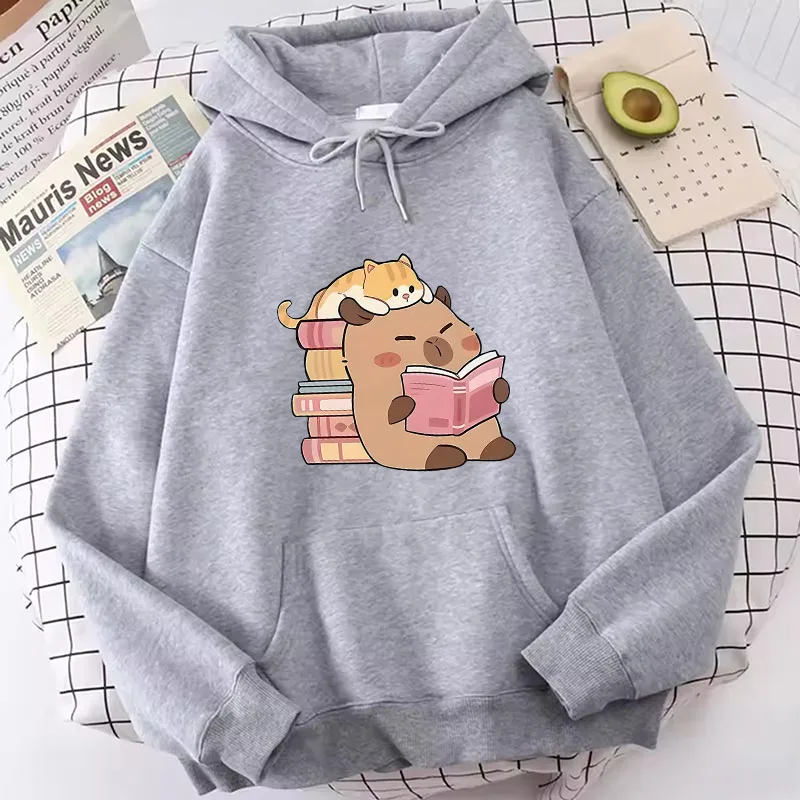 Cat and Capybara Reading Cozy Hoodie - Casual Harajuku Sweatshirt