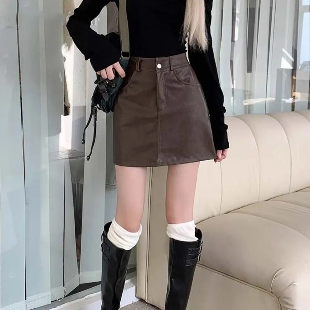 Korean Style Zipper PU Leather Skirt Solid Color Retro High Waist A-line Skirt Slim Fit Autumn Winter Short Mini Skirts Girls
