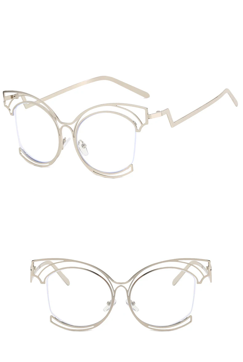 56755 Neue Halbrahmen Aushöhlen Optische Brillengestell Frauen Mode Cat Eye Metall Flache Spiegel Klare Locken Beine Brillen – Detail 12