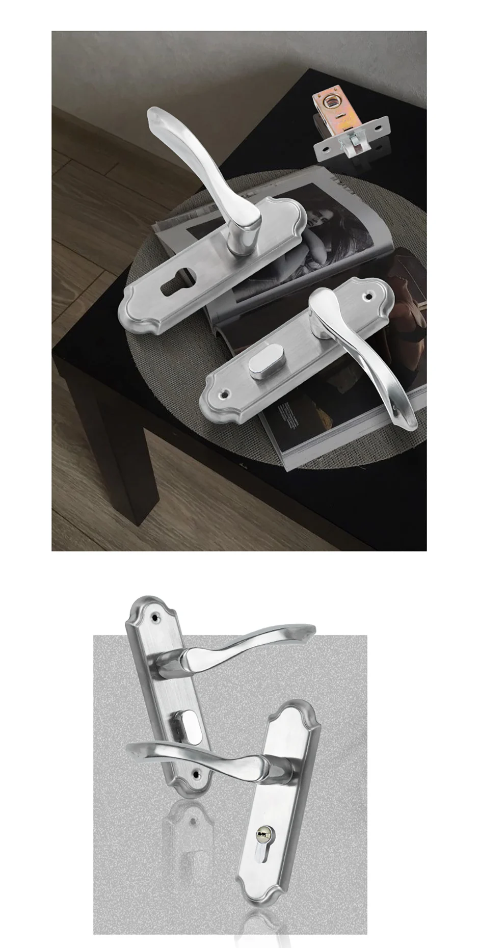 Description Picture 3 of item1 Set Stainless Steel Bathroom Door Lock Universal Indoor Restroom Bathroom Lock Door Handle Hardware Accessories Lncluding Keys