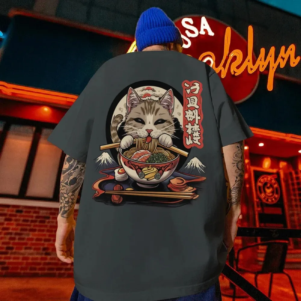 Men's T-Shirt Sushi Lucky Cat Printed Male Clothing Fashion Casual Short Sleeved Loose Oversized Shirt Street Harajuku Tops Tees