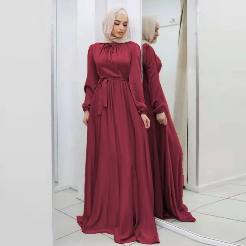 Islam Ramadan Abaya Europe and America Soft Waist Elegant Satin Robe Femme Large Swing Women's Dress Without Headscaf