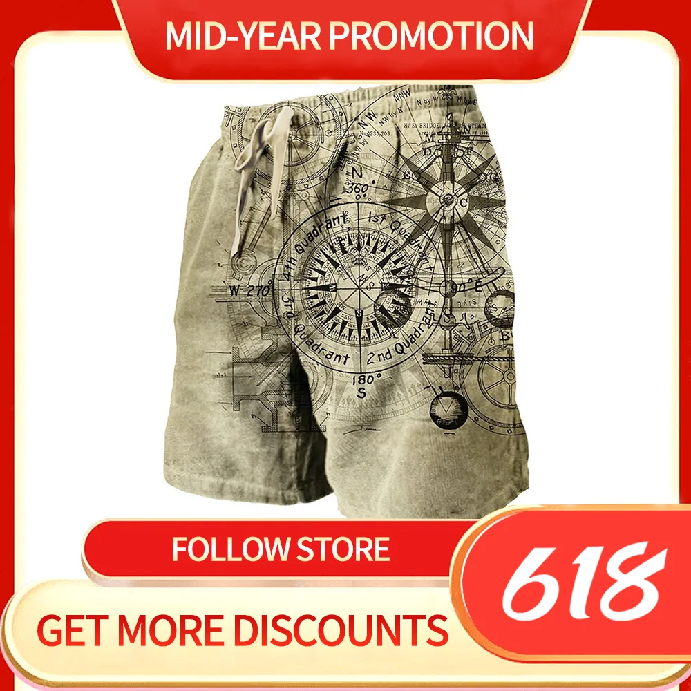 Men's Beach Pants Compass 3D Printed Shorts Men's Summer Breathable Shorts Fitness Street Shorts Men's Ropa Hombre