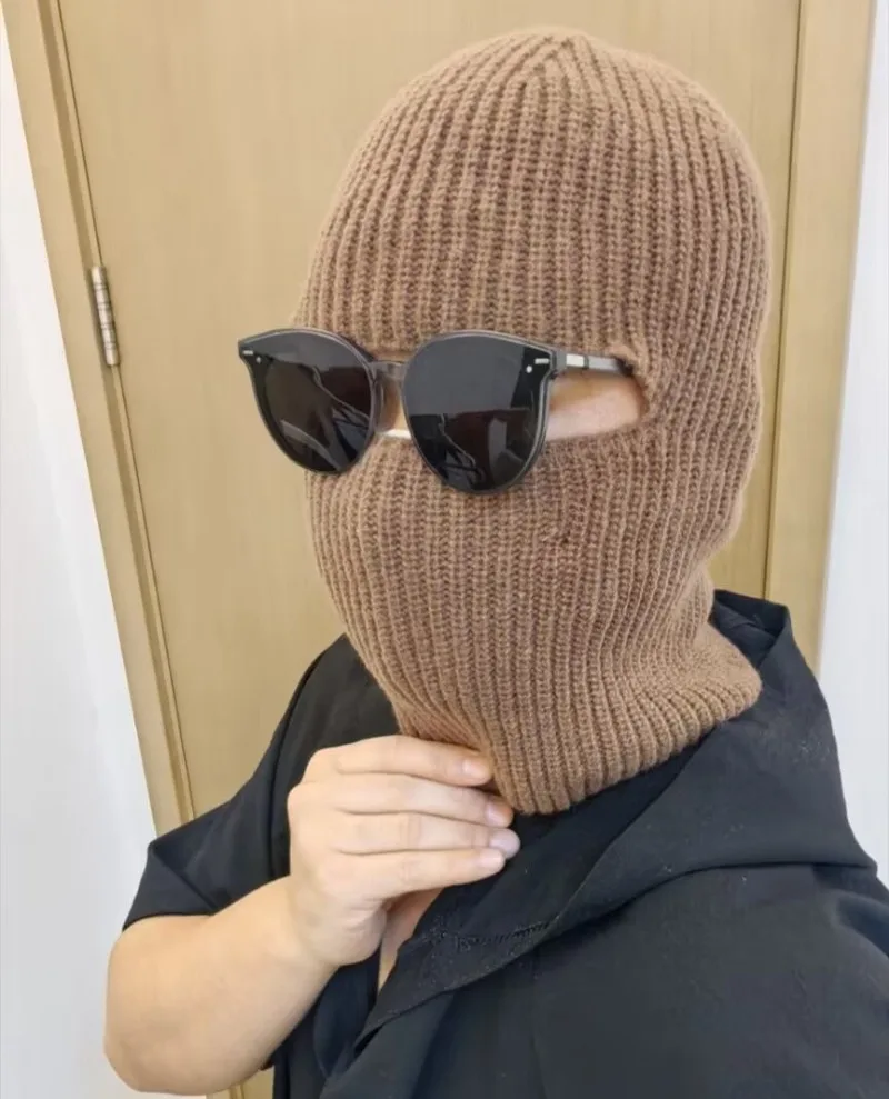 Gestrickte Wintermütze aus Baumwolle, verdickt, für kalte Outdoor-Radtouren, warme Mütze mit Maske, 2-in-1-Vollgesichtsschutz, Ohrenschützer, Sturmhaube – Detail 18