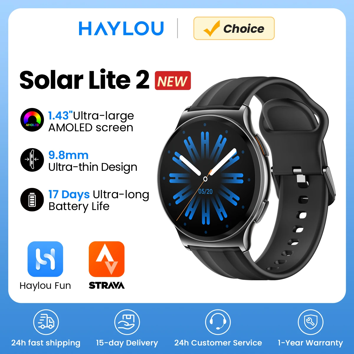 Montre HAYLOU Solar Lite 2 - Écran AMOLED 1.43", monitoring santé 24h/24, 150 modes sport, étanche 1ATM