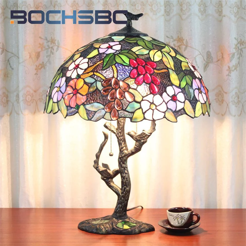 

BOCHSBC Tiffany stained glass table lamp grape vintage style Art Deco living room Study Bedroom Hotel gift lamp Lighting lamp