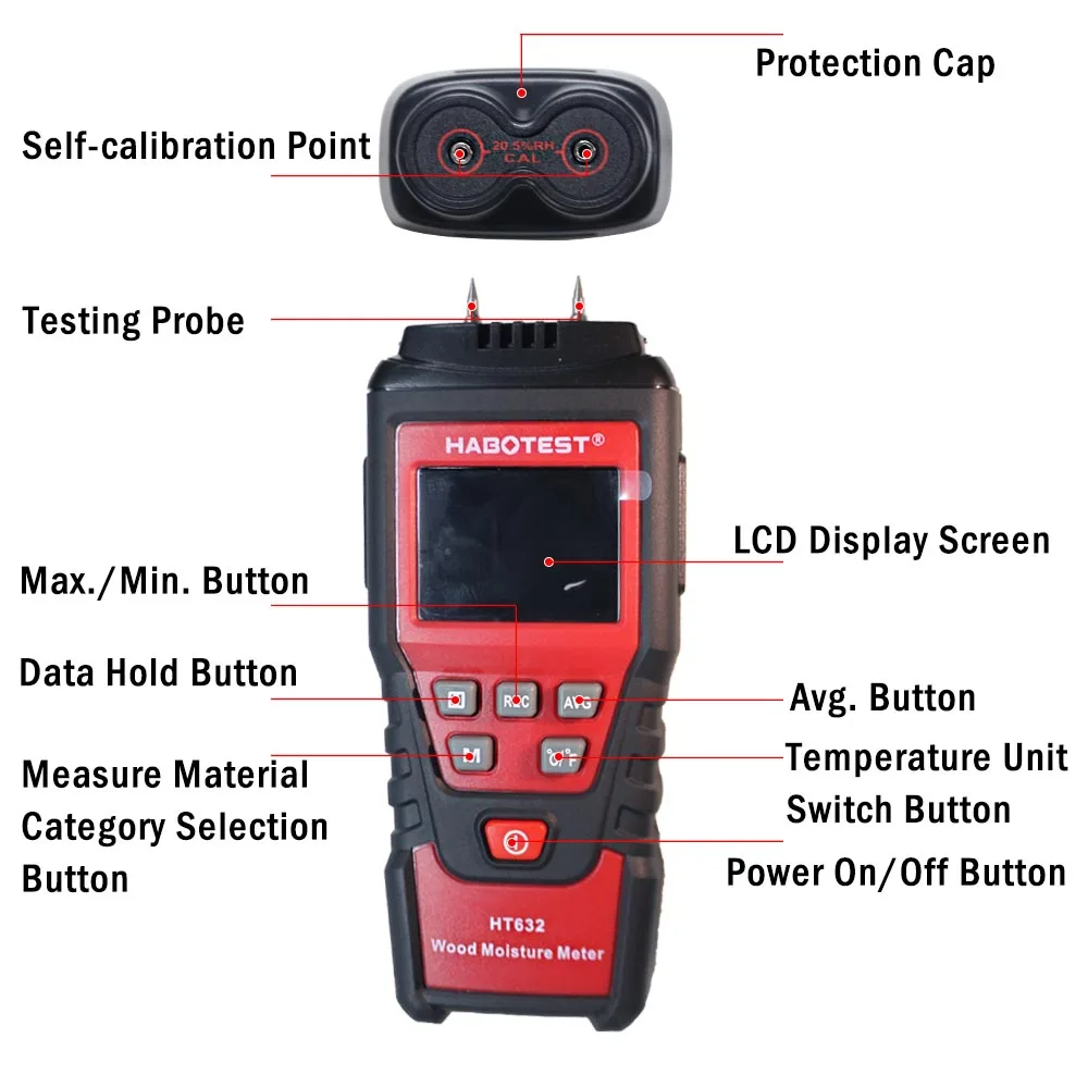 1pc HABOTEST HT632 Digital Moisture Meter Cement Wood Gypsum Material Humidity Detector Timber Gauge Temperature Hygrometer