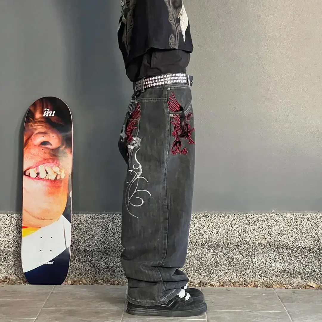 Embroidered oversized dark dragon pattern jeans, retro Harajuku denim trousers, street rock high-waisted wide-leg loose pants 4